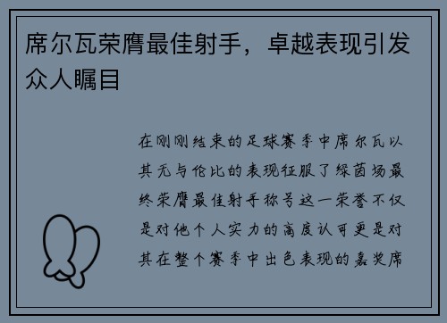 席尔瓦荣膺最佳射手，卓越表现引发众人瞩目