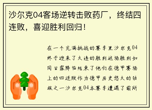 沙尔克04客场逆转击败药厂，终结四连败，喜迎胜利回归！